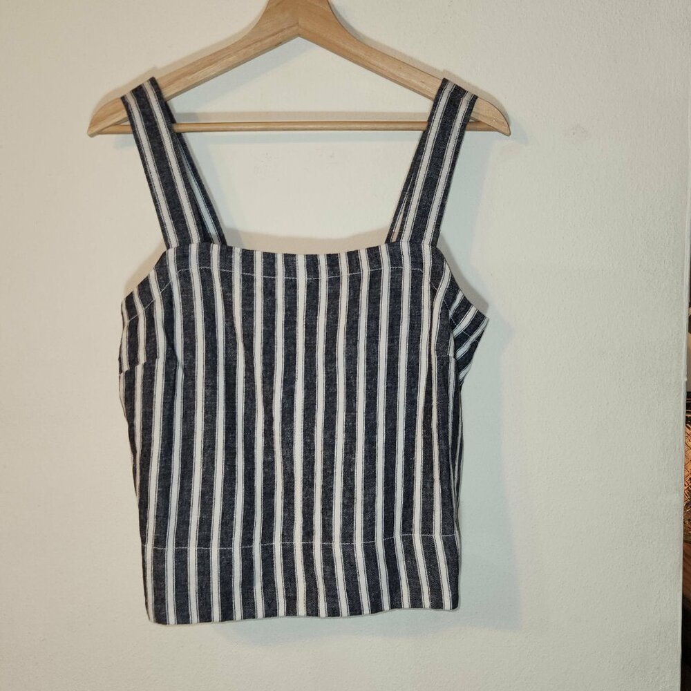 Madewell NWT Square Neck Tank Top Blue Whitr Stripe Linen Blend Medium
